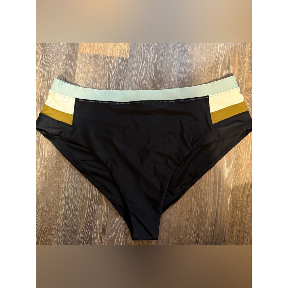 Prana Baja Bound High Rise Bikini Bottom Black Colorblock with Mint and Mustard
